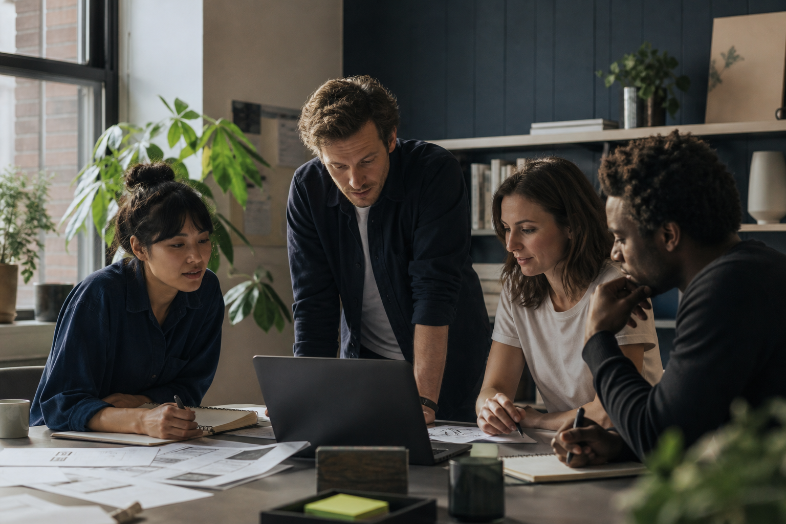 A team reviewing a software workflow together in a workspace